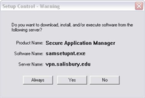 Secure Application Manager Setup Control Warning popup