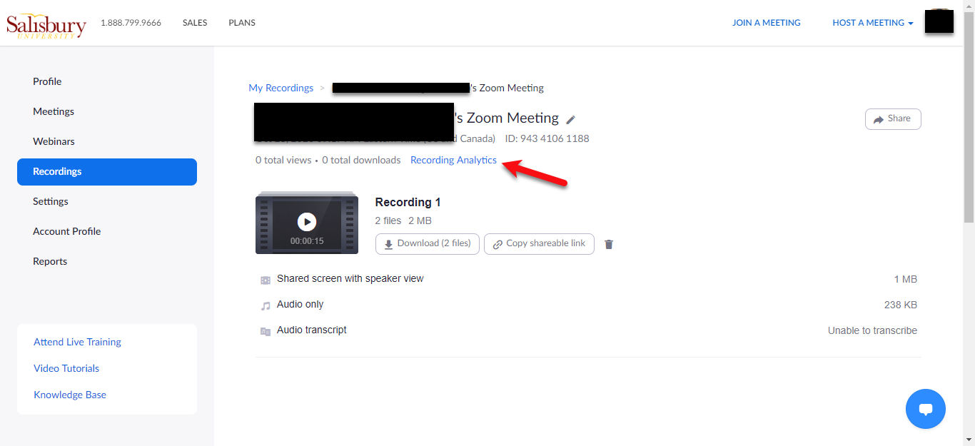 An arrow points to the Recording Analytics link on the selected zoom meeting's recording page