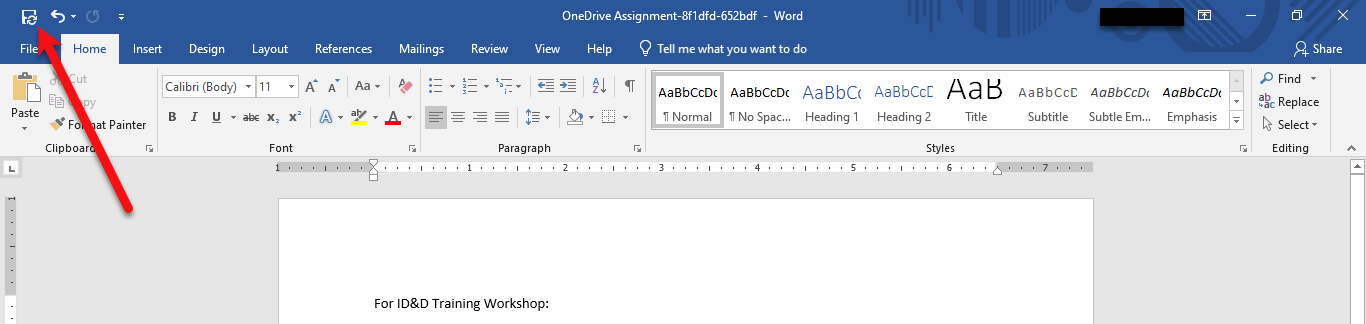 In the Microsoft Word desktop app, an arrow points to the save icon at the top of the document page.